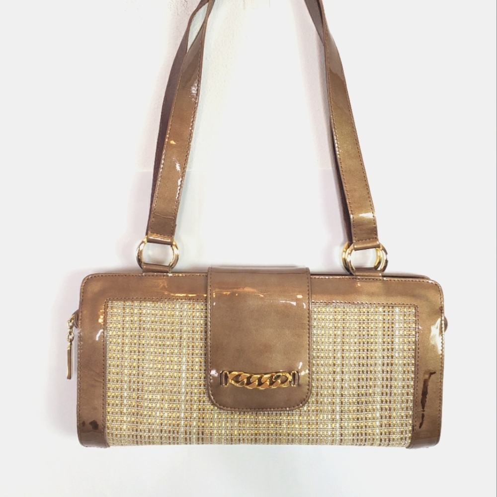 Stuart Weitzman patent leather tweed shoulder bag